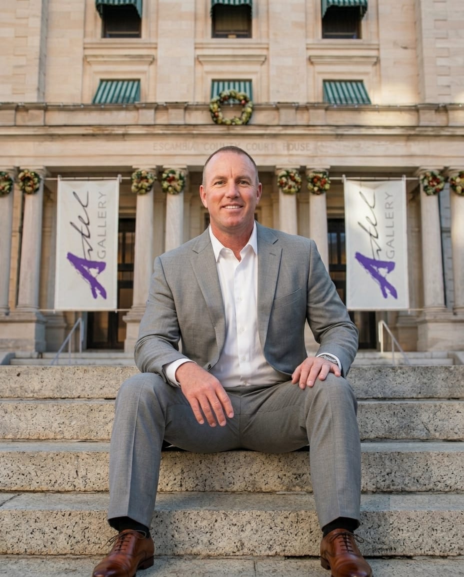 Gregg Costin seated on the steps of the Escambia County Court House in downtown Pensacola