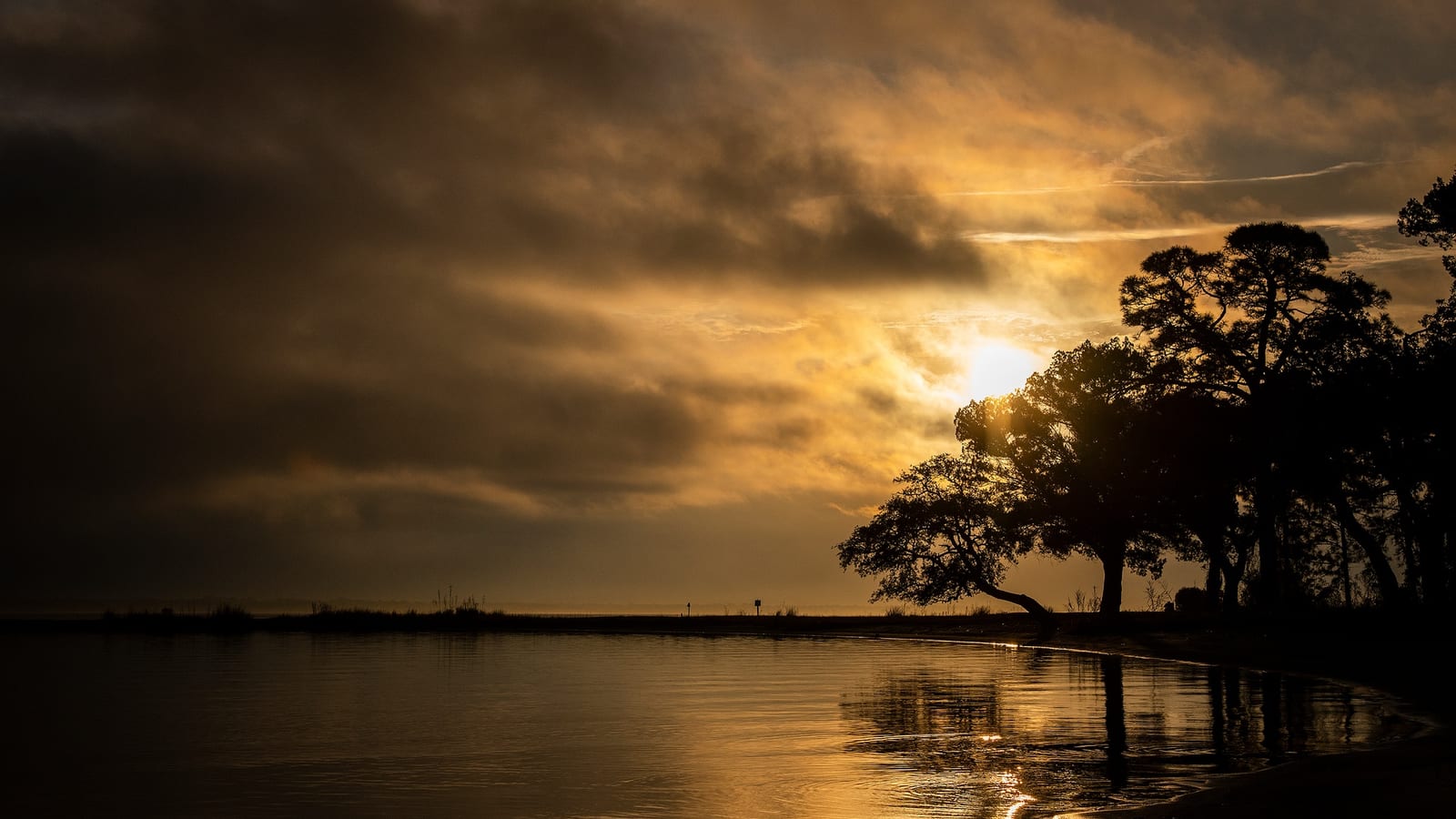 Golden-hour light over Boggy Bayou with live oaks along the Niceville shoreline